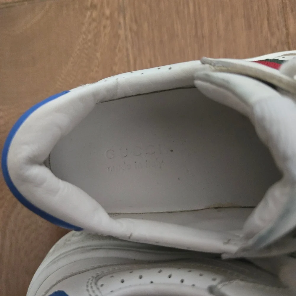 Gucci Kids Web Detail Leather Sneakers White Red Green Stripe Blue 26 US 9.5